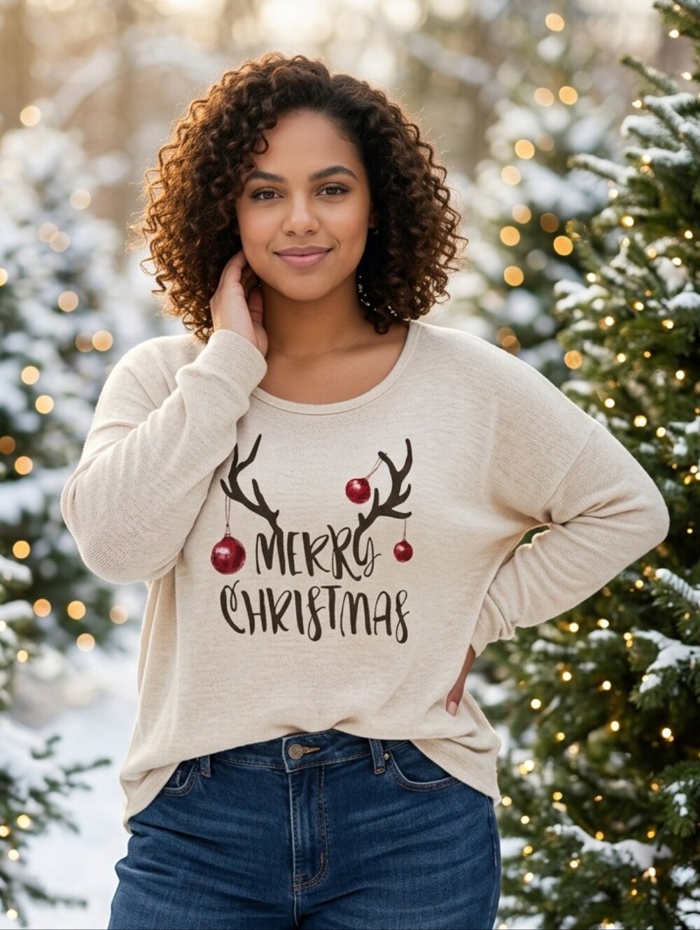 Merry Christmas Deer Antler Holiday Sweater Hunting Graphic Pullover Oversized L